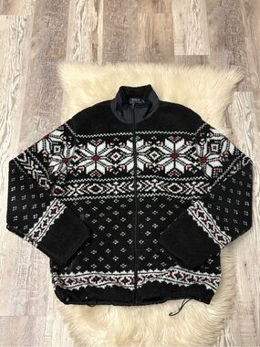 Vintage Polo by Ralph Lauren Black Fair Isle Zip-Up Sweater Jacket sz Large